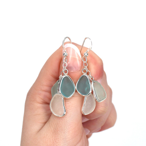 Sky Sea Glass Bezel Wrap Cascade Earrings on model for color reference. 