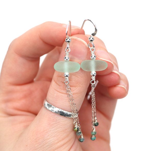 Seafoam Sea Glass and African Turquoise Chandelier Earrings on model for color reference.