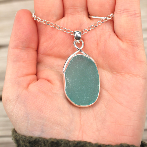 Insta Sale Aqua Oval Sea Glass Twist Necklace - MM on model for color reference. 
