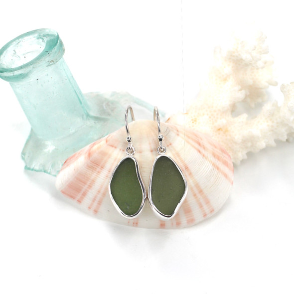 Olive Moss Sea Glass Single Bezel Earrings Olive Moss Sea Glass Single Bezel Earrings