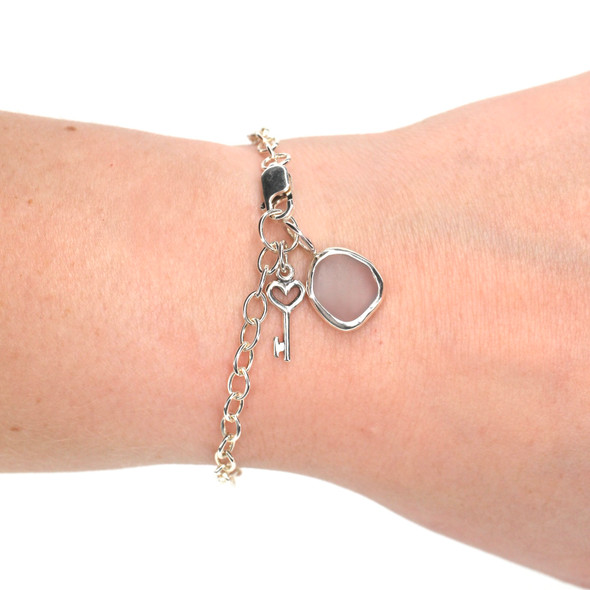 Gray Drop Sea Glass and Key Bracelet on model for color reference. 