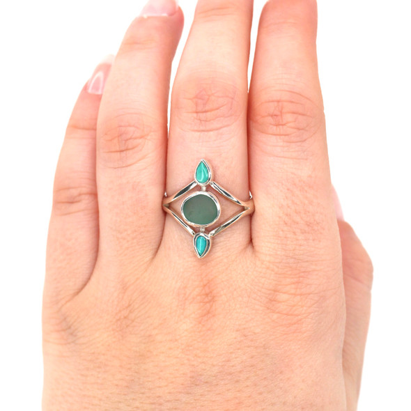 Soft Aqua Sea Glass and Turquoise Teardrop Ring - Size 9 on model for color reference. 