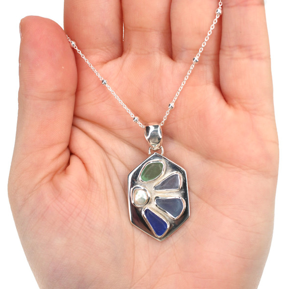 Coastal Mist Sea Glass and Pearl Pointed Mosaic Necklace on model for color reference. 