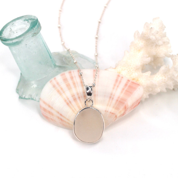 White Oval Sea Glass Bezel Set Necklace
