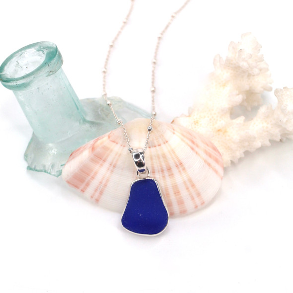 Cobalt Triangle Drop Sea Glass Bezel Set Necklace