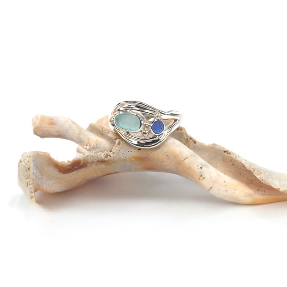 Aqua and Cornflower Sea Glass Mosaic Wave Ring - Size 9