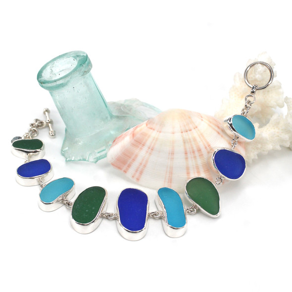 Tropical Turquoise Sea Glass 9 Stone Toggle Bracelet