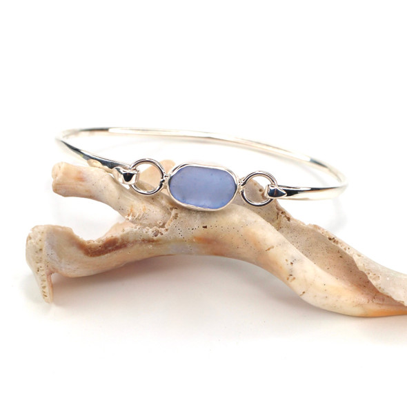 Cornflower Oval Sea Glass Hinge Bangle Bracelet