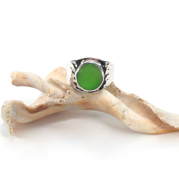 Green Sea Glass Goddess Ring - Size 9