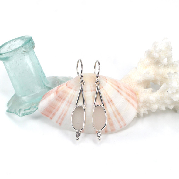 White Snow Drops Sea Glass and Rose Quartz Lunar Drop Earrings