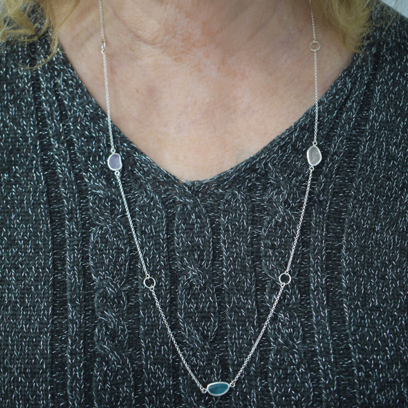 Soft Blush Breeze 5 Stone Sea Glass 30" Lariat Necklace model