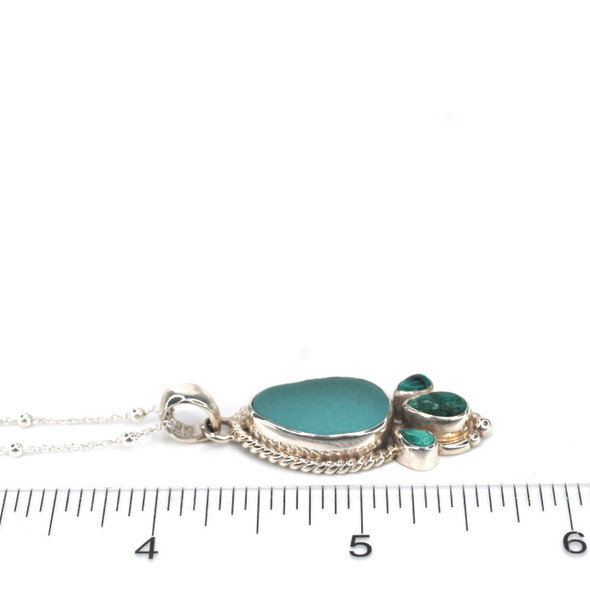 Aqua Sea Glass and Turquoise Trio Necklace on ruler for size reference. 