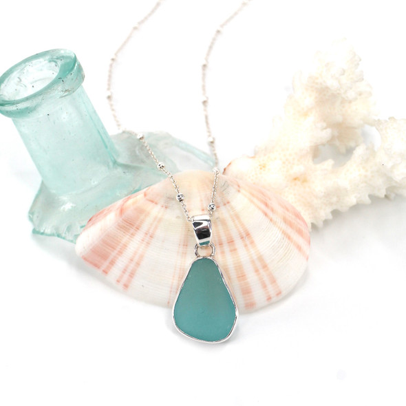 Aqua Brilliant Sea Glass Single Bezel Necklace