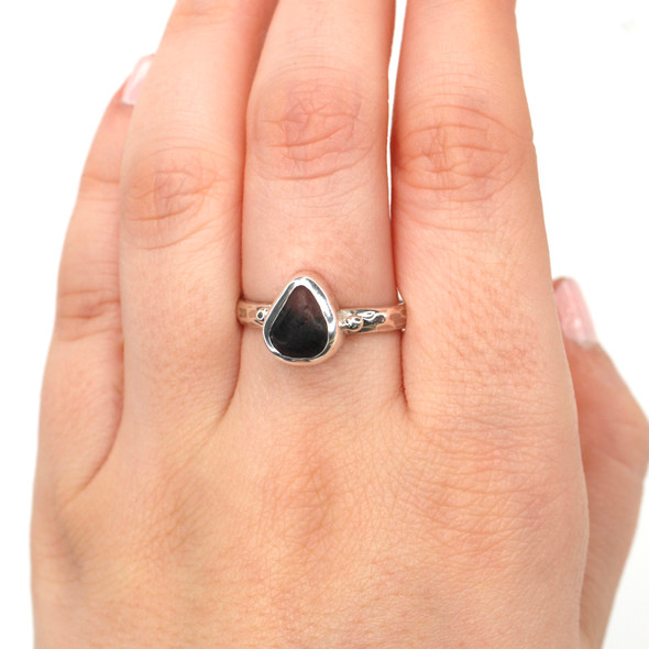 Blue Gray Striped Ultra Rare Sea Glass Beaded Ring - Size 9 on model for color reference. 