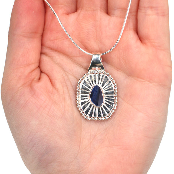 Cobalt Ombre Striped Ultra Rare Sea Glass Starburst Necklace on model for color reference.