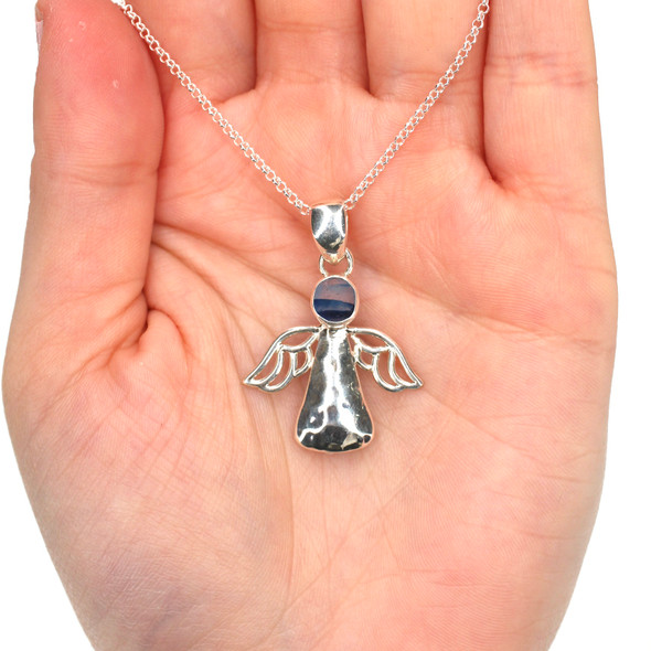 Cobalt Ripples Ultra Rare Sea Glass Ocean Angel Necklace on model for color reference.