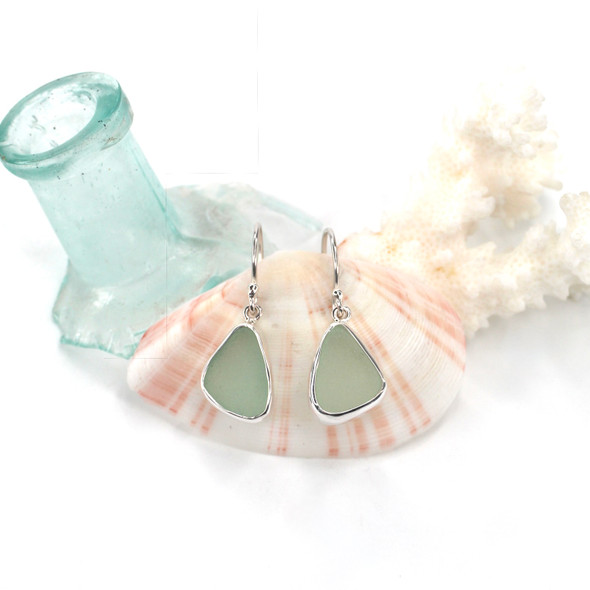 Seafoam Triangle Sea Glass Single Bezel Earrings Seafoam Triangle Sea Glass Single Bezel Earrings