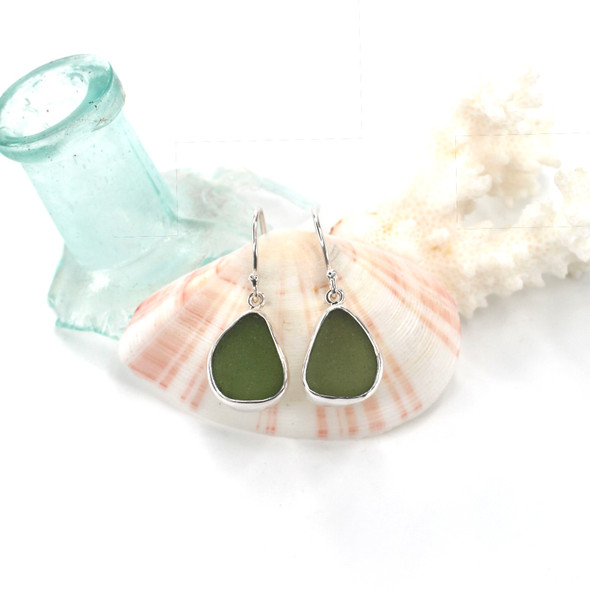 Olive Sea Glass Single Bezel Earrings Olive Sea Glass Single Bezel Earrings