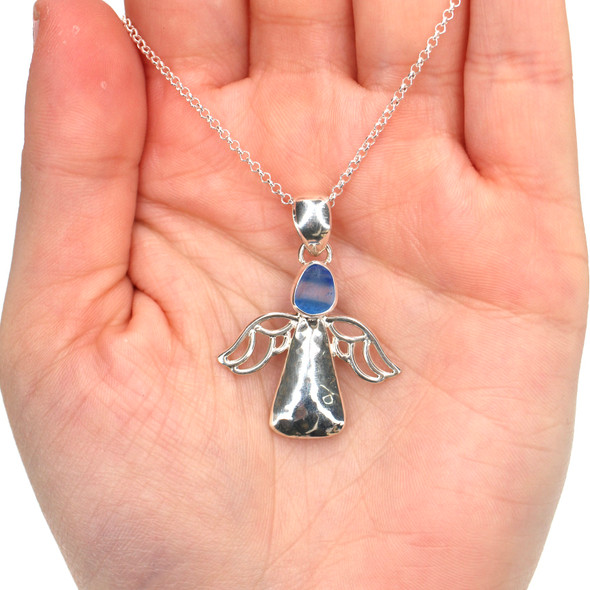 Electric Cornflower Ultra Rare Sea Glass Ocean Angel Necklace on model for color reference.