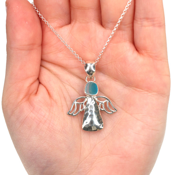 Turquoise Bright Spot Ultra Rare Sea Glass Ocean Angel Necklace on model for color reference.