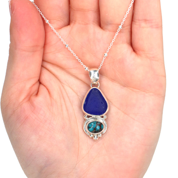 Cobalt Sea Glass and Turquoise Oval Beaded Necklace on model for color reference. 