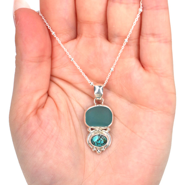 Aqua Rectangle Sea Glass and Turquoise Oval Beaded Necklace on model for color reference. 