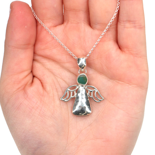 Green Tropical Delight Ultra Rare Sea Glass Ocean Angel Necklace on model for color reference.
