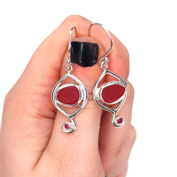 Red Sea Glass and Garnet Serenity Earrings on model for color reference. 