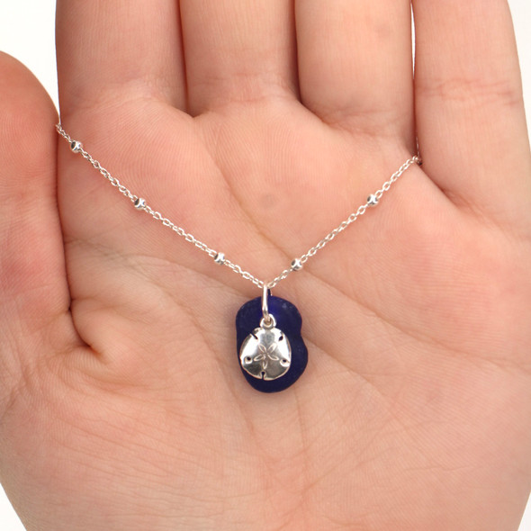 Cobalt Midnight Sand Dollar Nautical Necklace on model for color reference. 