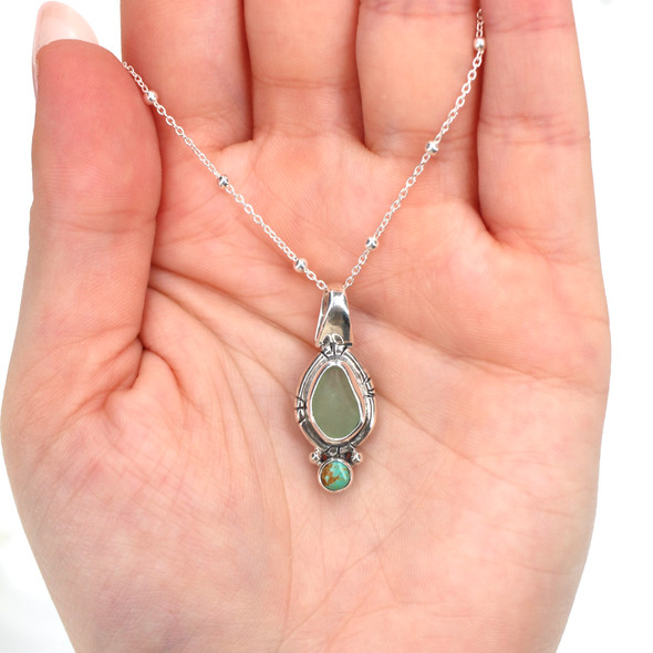 Seafoam Sea Glass and Turquoise Double Necklace on model for color reference. 