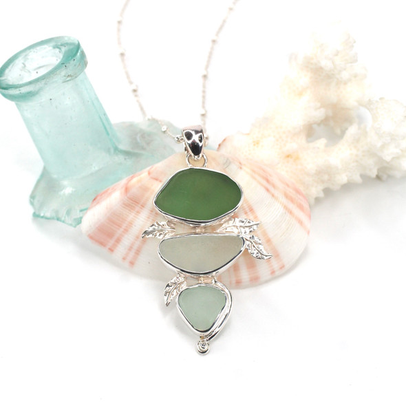 Olive Ombre Sea Glass Three Tier Falling Leaves Necklace Olive Ombre Sea Glass Three Tier Falling Leaves Necklace