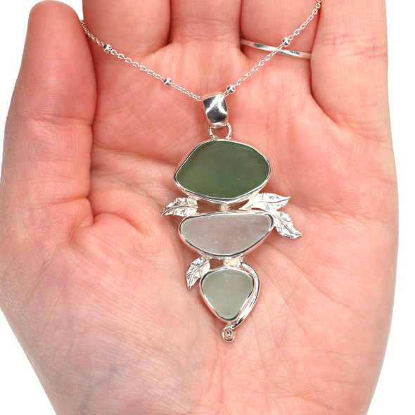 Olive Ombre Sea Glass Three Tier Falling Leaves Necklace Olive Ombre Sea Glass Three Tier Falling Leaves Necklace