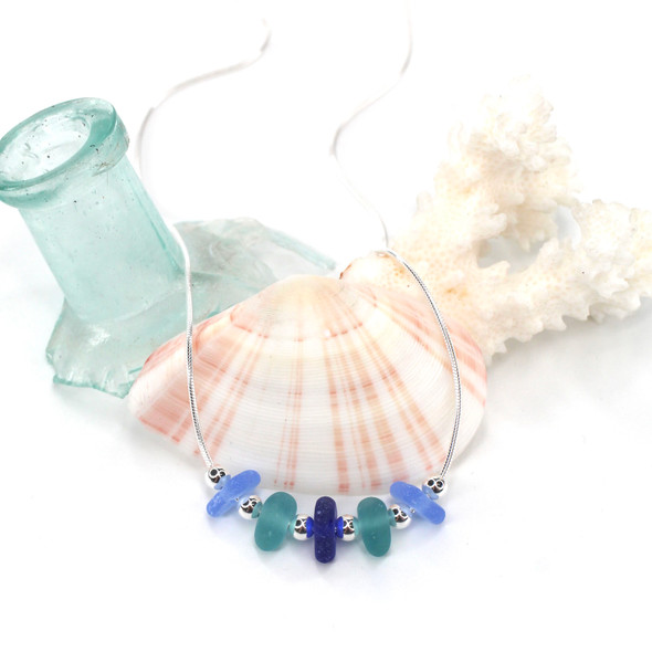 Beautiful Blues 5 Stone Sea Glass Necklace 16" - 18" Length