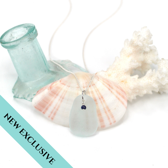 White Icicle Sea Glass and Lapis Gemstone Drop Necklace