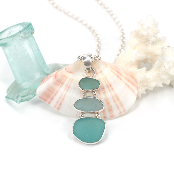 Aqua Ombre Sea Glass Three Tier Necklace