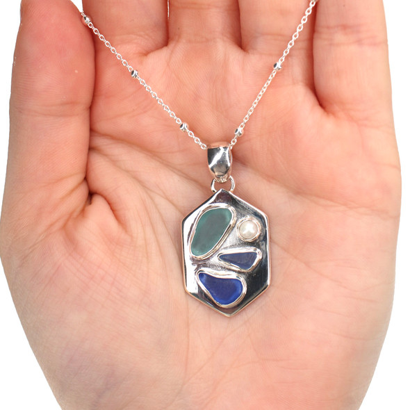 Beautiful Blues Sea Glass and Pearl Pointed Mosaic Necklace on model for color reference. 
