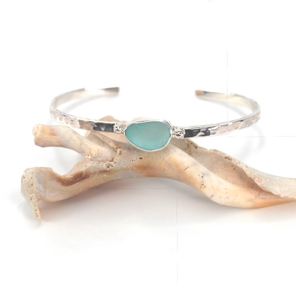 Aqua Sea Glass Beaded Hammered Cuff Bracelet Aqua Sea Glass Beaded Hammered Cuff Bracelet