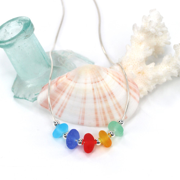 Rainbow Bright Sea Glass 5 Stone Necklace 16"-18" Length