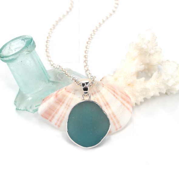 Aqua Rounded Sea Glass Single Bezel Necklace