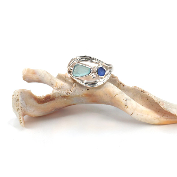 Aqua and Cobalt Duet Sea Glass Mosaic Wave Ring - Size 9