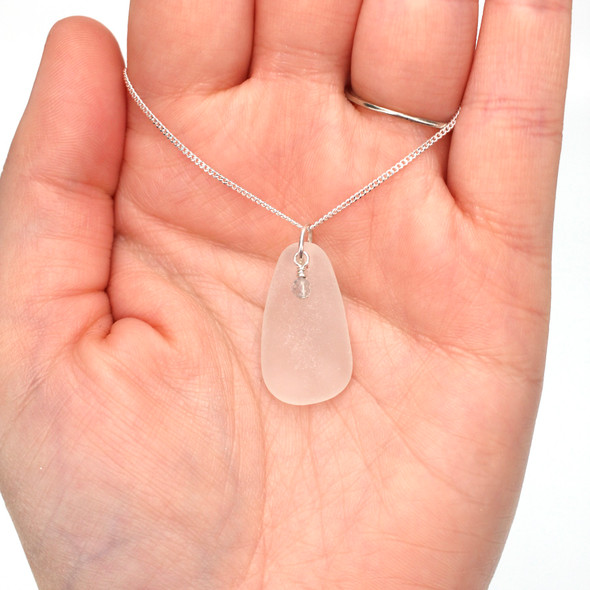 White Snow Sea Glass and Labradorite Gemstone Drop Necklace on model for color reference.