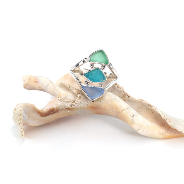 Turquoise Bright Mist Sea Glass Three Tier Ring - Size 9