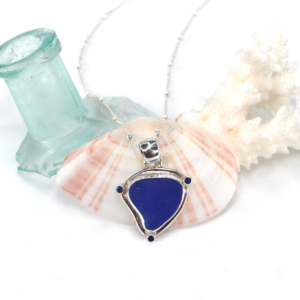 Cobalt Sea Glass and Sapphire Triangle Necklace Cobalt Sea Glass and Sapphire Triangle Necklace