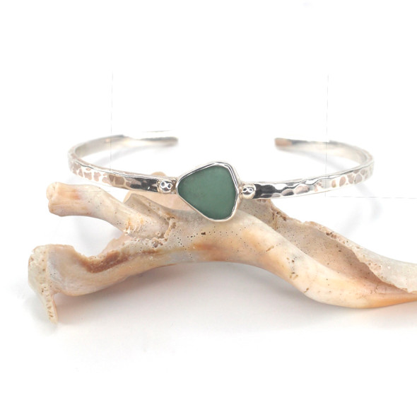 Olive Sea Glass Beaded Hammered Cuff Bracelet Olive Sea Glass Beaded Hammered Cuff Bracelet