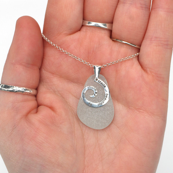 White Gray Soothing Sea Glass Journey Necklace on model for color reference.