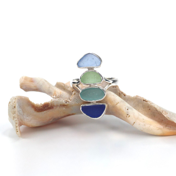 Cornflower Mist Sea Glass 4 Stone Rainbow Ring - Size 9
