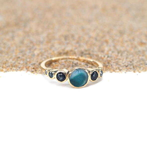 Tropical Turquoise Ultra Rare Sea Glass and Gemstone Moon Phases Ring side view