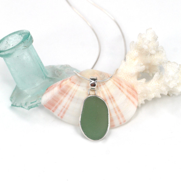 Olive Sea Glass Single Bezel Necklace Olive Sea Glass Single Bezel Necklace