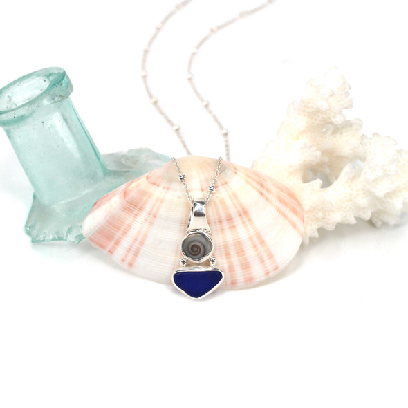 Cobalt Sea Glass and Swirl Shell Petite Slide Necklace Cobalt Sea Glass and Swirl Shell Petite Slide Necklace