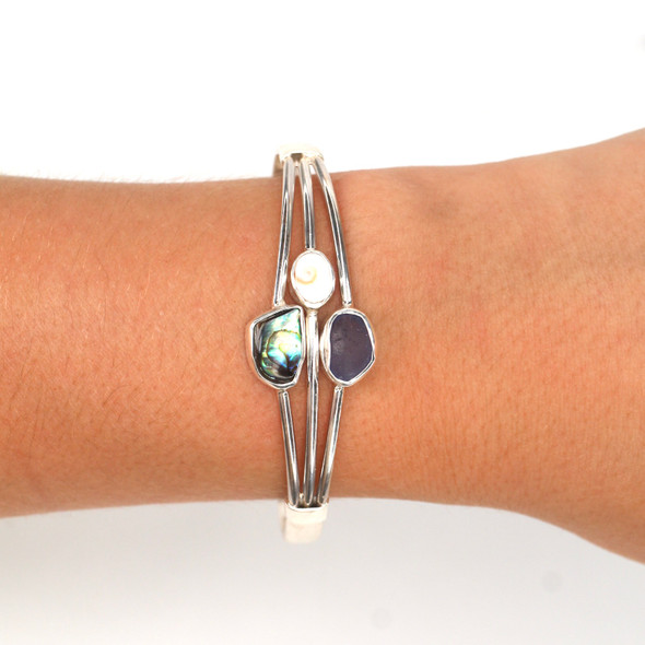 Purple Mystique Sea Glass Three Piece Cuff Bracelet on model for color reference. Purple Mystique Sea Glass Three Piece Cuff Bracelet on model for color reference.